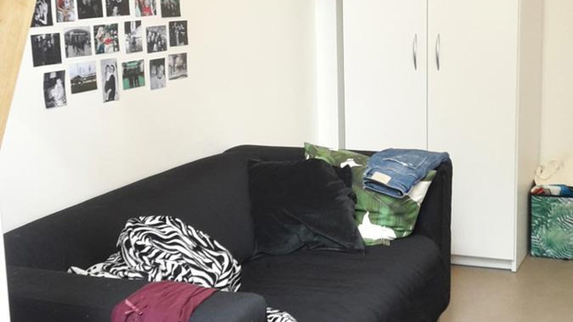 New student room with private bathroom on ground floor. The room is furnished with bed, desk, refrigerator and closet. Lighting and curtains are also already provided. There is a large communal kitchen with several cooking stoves, dining tables and TV are