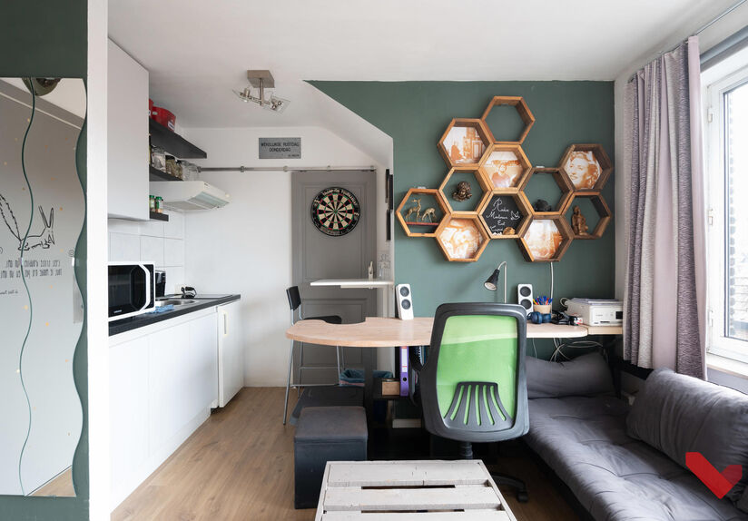Gezellige studio in een rustige buurt 

Deze praktisch ingerichte studio met opklapbed is gelegen in hartje Leuven en beschikt over een lichtrijke leefruimte met open keuken en bureauruimte.  

De keuken is voorzien van een 2-pits keramische kookplaat, ee